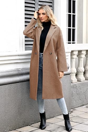 SAUKOLE Womens Winter Pea Coat Notch Lapel Double Breasted Wool Blend Oversized Overcoat with Pockets - color: 12#khaki, size: Small