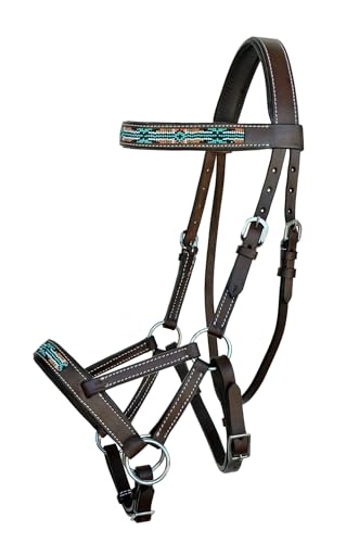 Horse Western English Leather Bitless Sidepull Bridle w/ Split Reins 77RS10 - color: Brown/Beaded