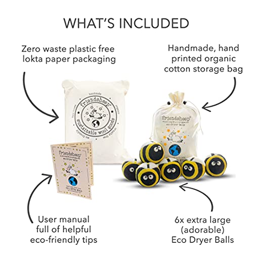 Friendsheep Wool Dryer Balls, Organic Reusable Fabric Softener Alternative for Laundry, Handmade, Fair Trade, Hypoallergenic, Eco-Friendly, Plastic-Free (6 Pack XL – Busy Bees) | Reusable fabric softener alternative Organic wool, handmade, fair trade, hyp