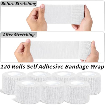 120 Pack White Vet Wrap Cohesive Bandage, 2 Inch x 5 Yards Self Adhesive Elastic Wrap Bulk, Breathable Bandage Tape for Dogs, Pets, Horses, Sports, Wrist, Ankle & First Aid