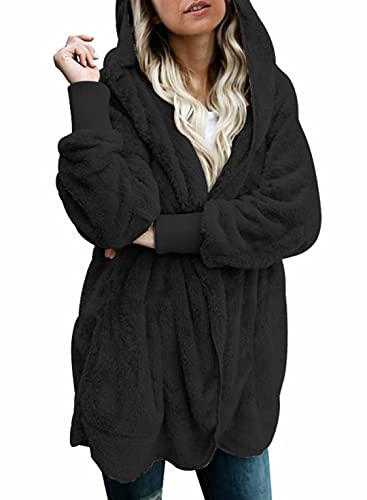 Dokotoo Womens 2025 Winter Long Sleeve Solid Fuzzy Fleece Open Front Hooded Cardigans Jacket Coats Outerwear with Pocket - color: A Black, size: Large