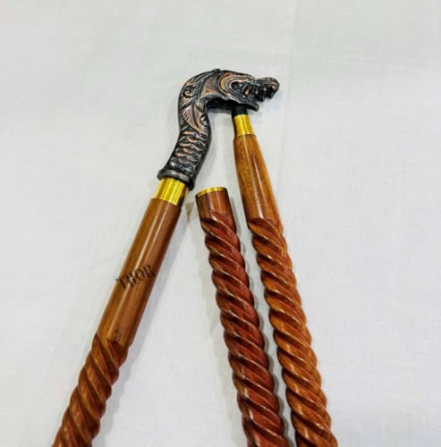 Handmade Solid Brass Head Handle Vintage Style Antique Wooden Walking Stick Cane Gift (3 Fold Wooden Walking Cane) - style: Dragon walking handle stick