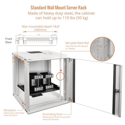 Tecmojo 12U Wall Mount Rack Network Cabinet for 19" IT Equipment,with Lockable Glass Door and Side Panels,Cooling Fan,17.7inch Depth,White - size: 12U/Glass Door/White