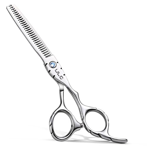 ULG Hair Thinning Scissors 6.7” Shark Series 100% Japanese Stainless Steel, Offset Handle, 30-Tooth Seamless Thinner 15% Hair Removal, Professional Barber Layering Shears for Salon & Home Hair Styling - color: Blue02