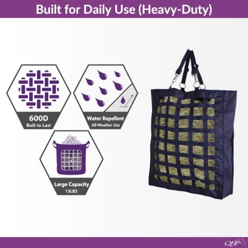 QHP Slow Feeder Hay Bag for Horses | Slow Feed, Horse Hay Feeder, 2.4" Mesh, 600D Polyester, Holds up to 13 lbs - color: Navy
