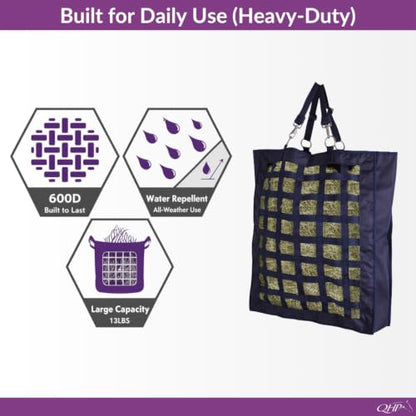 QHP Slow Feeder Hay Bag for Horses | Slow Feed, Horse Hay Feeder, 2.4" Mesh, 600D Polyester, Holds up to 13 lbs - color: Navy
