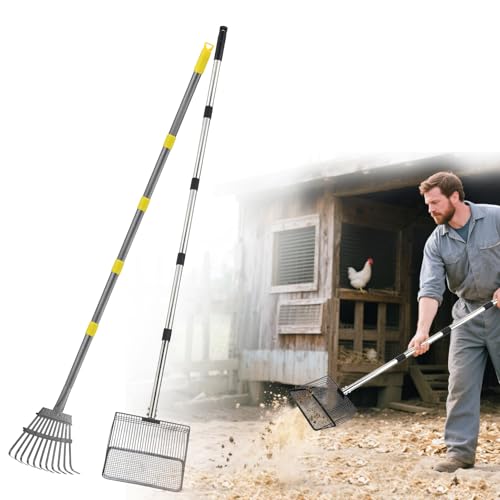 Extra Long Chicken Poop Scooper & Rake - Save-Effort 36''-76'' Long Metal 10'' Wide Scooper & 11 Tooth Rake, Chicken Coop Accessories for Efficient Cleaning