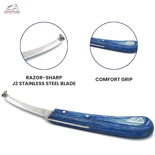 Equine Care Right-Handed Narrow Farrier Hoof Knife, Horses, Ponies, Minis | Narrow hoof knife for detail trimming; J2 stainless steel blade; smooth blue layered handle; right- or left-handed - style: Right-Handed