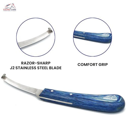 Equine Care Right-Handed Narrow Farrier Hoof Knife, Horses, Ponies, Minis | Narrow hoof knife for detail trimming; J2 stainless steel blade; smooth blue layered handle; right- or left-handed - style: Right-Handed
