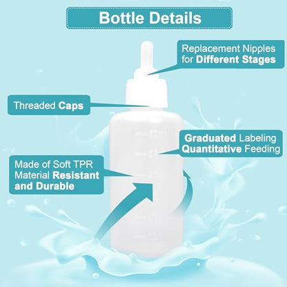 60ml Newborn Pet Feeding Bottle Kit | Puppy Kitten Nursing Bottles with 10 Silicone Nipples, Cleaning Brushes & Nipple Puncher | Anti-Choke Milk Feeder for Small Animals
