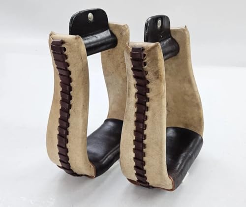 Western Rawhide Covered Horse Riding Stirrups, Pair | Wide Saddle Stirrup, 3" Neck, Leather Wrapped, Equestrian Tack