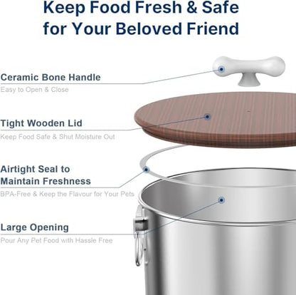 Paw Libero 2PK 25 Lbs total 50 Lbs Stainless Steel Dog Food Storage Container with Airtight Wooden Lid & Ceramic Bone Handle, Large Metal Dog Food Bin for Dogs & Cats - size: 25 lbs - 2pk