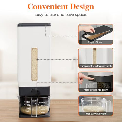 Lifewit Rice Dispenser 25 Lbs, Airtight Storage with Measuring Cup, Black - color: Black