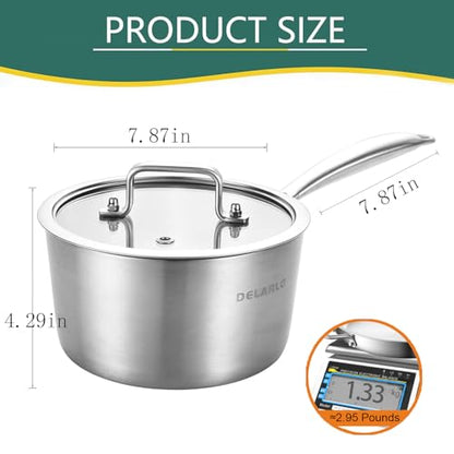 DELARLO Full-body Clad Tri-Ply Stainless Steel 3 Quart Saucepan with Lid - color: Silver, size: 3QT