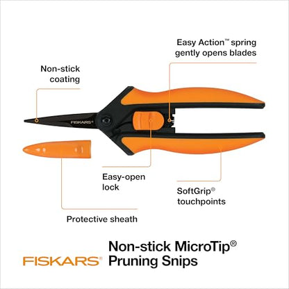 Fiskars 6" Non-Stick Pruning Snips, Resin-Resistant Garden Scissors | Garden Shears for Weeds, Flower Buds & Small Plants, Steel Blades Stay Sharp, Easy Action Spring, SoftGrip Handles - style: Non-Stick Snips