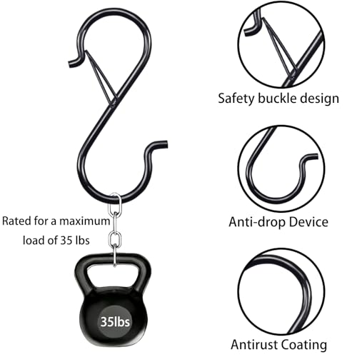 18 PCS S Hooks for Hanging, 3.5 Inch Heavy Duty S Hooks with Safety Buckle, Metal Hook for Closet, Kitchen, Plants, Hanging Plant Hooks for Clothes, Bags, Cups, Utensils (Black, 18PCS) - size: 18PCS