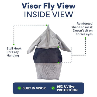 Horse Fly Mask with Ears - Built-in Visor - Breathable, Lightweight Mask - 95% UV Eye Protection - Adjustable Fit for Comfort Horse Medium/Large Size