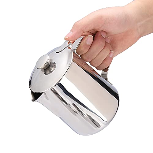 Coffee Frothing Pitcher with Lid, Stainless Steel Milk Frother Cup, Mutifunctional Milk Jug Cup, Coffee Steaming Pitcher with Handle for Latte Art and Frothing Milk(350ml)