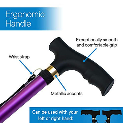 RMS Folding Cane, Adjustable, Lightweight Offset Walking Cane | Aluminum Collapsible Walking Stick with Ergonomic Derby Handle, cane folds for travel and storage - color: Lavender
