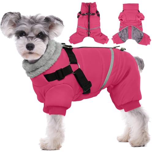 BRKURLEG Dog Winter Coat with Harness Built in, Winter Dog Jacket for Small and Medium Dogs, Small Dogs Snowsuit Reflective Windproof Cold Weather Coat, Puppy Warm Fleece Coats, Hot Pink, S - color: Hot pink, size: Small