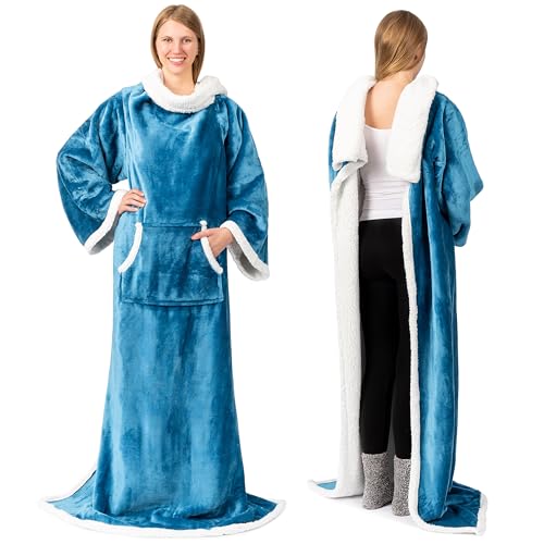 PAVILIA Sherpa Wearable Blanket with Sleeves and Pocket, Plush Thick Cozy Body Blanket Wrap for Adult Women Men, Christmas Gift for Wife Mom, Teal Blue - color: Sea Blue