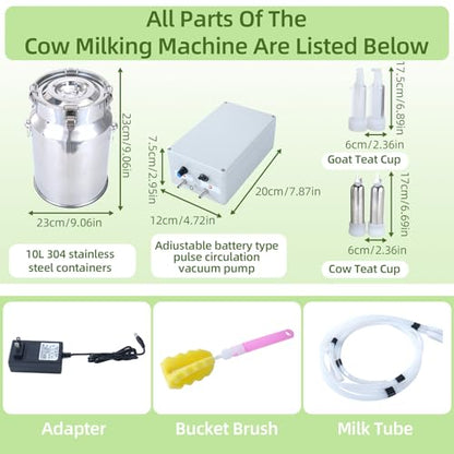 10L Electric Milking Machine for Goats and Cows, Rechargeable Battery Powered with Adjustable Pulse & Vacuum, Portable Single Pulse Control Milker, Suitable for Small Scale Farms & Home Use.