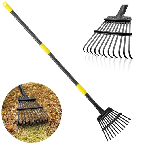 Rake, Garden Leaf Rakes for Lawns Heavy Duty, Yard Metal Rake Tools with 9" Small Narrow Rake Head, 65” Adjustable Long Handle, 11 Steel Tines, Quick Clean up Rake for Shrub, Flower Bed, Camping - style: 5 FT
