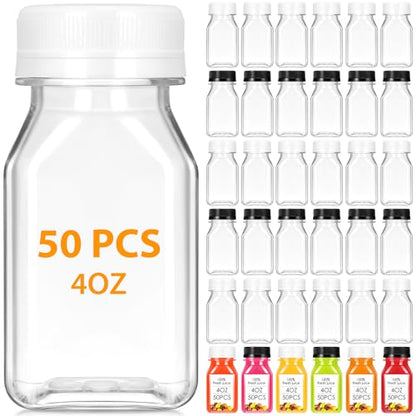 Gerrii 50 Pcs 4 oz Plastic Juice Bottles with Lid Small Reusable Clear Bottles with Caps Containers Bulk, Freezer Safe, Leakproof for Milk Smoothies Drinking Fridge (White and Black) - color: White and Black