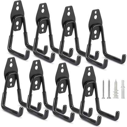 8 Pack Heavy Duty Garage Hooks Storage Organizer Wall Mount Power and Garden Tool Hangers, for Hanging Ladders, Ropes, Hose, Bulk Items - color: Black 8 pack