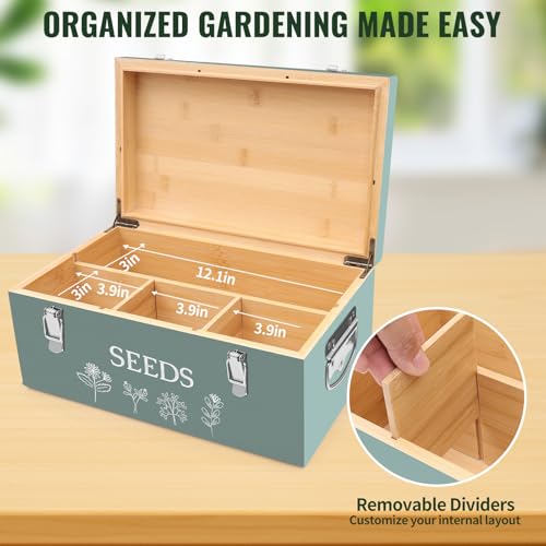 Large Bamboo Wood Seed Storage Organizer Box with Lid, Double-Layer Seal Design Seed Saving Box with 304 Stainless Steel Safety Lock, Handles, Extra Seed Envelopes and Labels, Great Gifts for Gardener - color: 2.Green(Large)