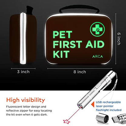 ARCA PET Cat & Dog First Aid Kit - High Visibility Reflective Zipper with Fluorescent Letter Print - 100 pcs with Dog Thermometer, Tick Remover Kit & Pet First Aid Kit Manual Book - size: CarePlus Kit