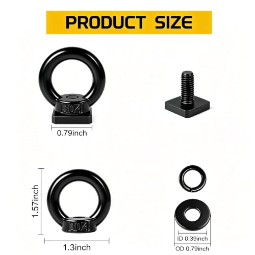 4PCS M8 T Track Tie Down Anchor Kit, 304 Stainless Steel Heavy Duty T Slot Eye Bolt with Nuts Washer, Black Ring Tie Down Rings for Roof Rack Kayak Truck Bed Bungee Cord Rope Cargo Accessories