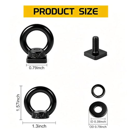 4PCS M8 T Track Tie Down Anchor Kit, 304 Stainless Steel Heavy Duty T Slot Eye Bolt with Nuts Washer, Black Ring Tie Down Rings for Roof Rack Kayak Truck Bed Bungee Cord Rope Cargo Accessories