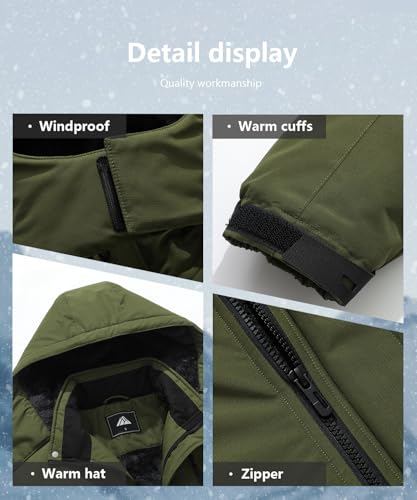 Men's Mountain Ski Jacket Winter Snow Coats Waterproof Warm Fleece Lining Jacket Parka with Hooded - color: Army Green, size: Medium