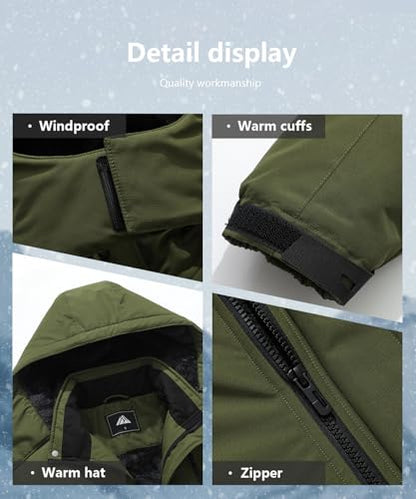 Men's Mountain Ski Jacket Winter Snow Coats Waterproof Warm Fleece Lining Jacket Parka with Hooded - color: Army Green, size: Medium