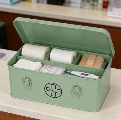 First Aid Medicine Box, First Aid Kit Supplies Bin, Metal Medicine Storage Tin, First Aid Empty Box with Safety Lock for Home Emergency Tool Set-Green - color: Green