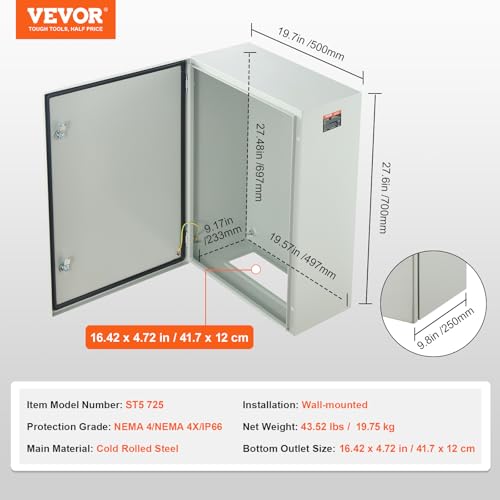 VEVOR Electrical Enclosure Box IP66 0,059" Cold-Rolled Steel Junction Box - size: 28 x 20 x 10