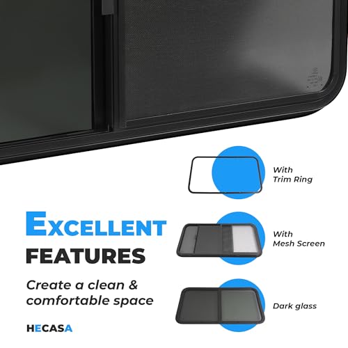 HECASA RV Window 42" W X 22" H Teardrop Horizontal Sliding Window W/ Trim | Ring for 1.5" Wall and Mesh Screen Tempered Glass Powder Coated Black 2PCS - size: 42" W x 23" H