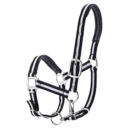 Adjustable Horse Halters - Heavy Duty Nylon Webbing & Hardware, Padded with Anti Chafing Foam-Cushioned on Crown & Nose - color: Black, size: Full
