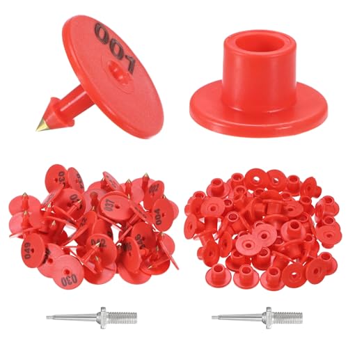M METERXITY 50-Pack Cattle Ear Tags 001-050 Number, Plastic Round Livestock Tags with 2 Ear Label Needles for Cows/Sheep/Cattle/Pig, Farm Animal Identification Markers [Red] - color: Red