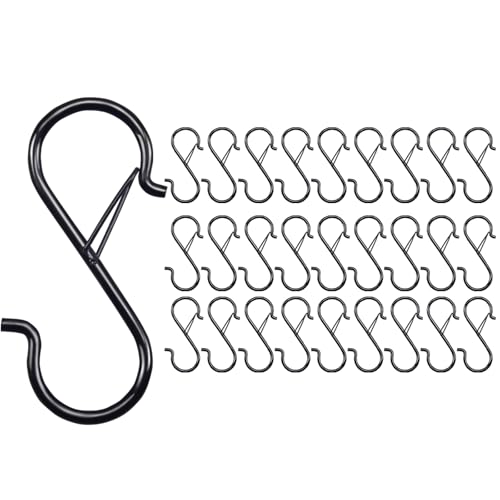 28 PCS S Hooks for Hanging, 3.5 Inch Heavy Duty S Hooks with Safety Buckle, Metal Hook for Closet, Kitchen, Plants, Hanging Plant Hooks for Clothes, Bags, Cups, Utensils (Black, 28PCS) - size: 28PCS