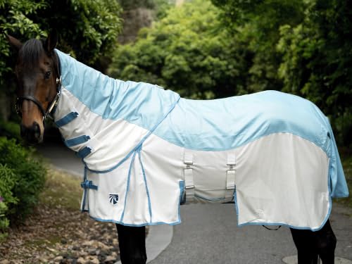 Mesh Horse Fly Sheet with Detachable Neck Cover | Dual-Zone UV Protection & Breathable Design | Elastic Webbing Belly Wrap & Leg Straps | Blue, 84 Inch - color: Glacier Blue, size: 84