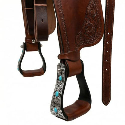 CHALLENGER Horse 5" Black Aluminum Engraved Barrel Racing Stirrups w/Turquoise Stones 51230L