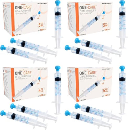 ONE-CARE 5ml Oral Syringe with Cap - Sterile, Individually Wrapped - 100 Syringes, Slip Tip, Uses include oral administration of medicine for infants, adults and animals (Pack of 4) - size: 5ml (Pack of 4)