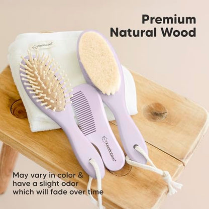 KeaBabies Wooden Baby Hair Brush Set for Newborns, Toddlers - Soft Goat Bristle Baby Brush and Comb Set Newborn Grooming Kit for Cradle Cap Care, Durable & Gentle, Boy, Girl Infant Essentials