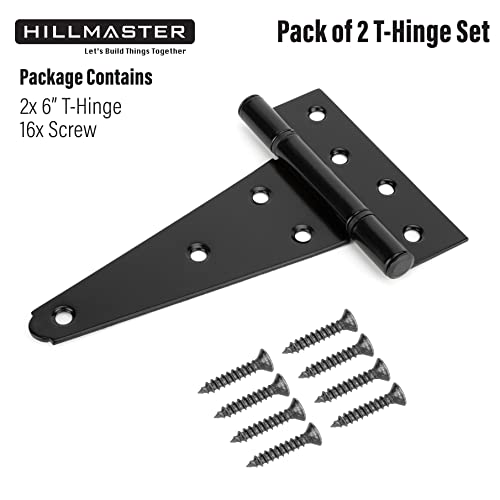 HILLMASTER 6 Inch T-Strap Heavy Duty Shed Door Hinges Gate Strap Hinges Black Tee Hinge Wrought Hardware for Wooden Fences,Yard,Barn Door,Rustproof(2 Pack) - size: 6in 2Pack