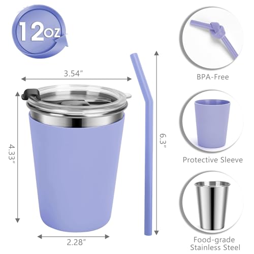 Stainless Steel Kids Cups with Lids, 5 Pack 12oz Spill Proof Cups - color: Green, Light Gray, Blue, Gray, Purple