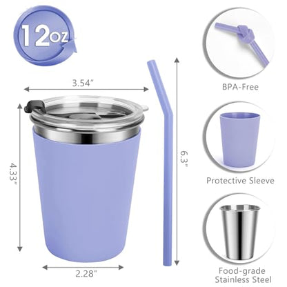 Stainless Steel Kids Cups with Lids, 5 Pack 12oz Spill Proof Cups - color: Green, Light Gray, Blue, Gray, Purple