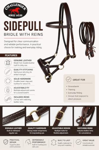 CHALLENGER USA Horse Western Leather Tack Bitless Sidepull Bridle Rein BRN 77RT03BR-C