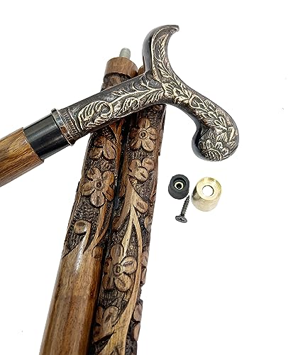 “Elegant Wooden Walking Stick with Handcrafted Floral Brass Handle – Stylish Men’s & Women’s Cane for Walking Support, Gifts & Everyday Use”